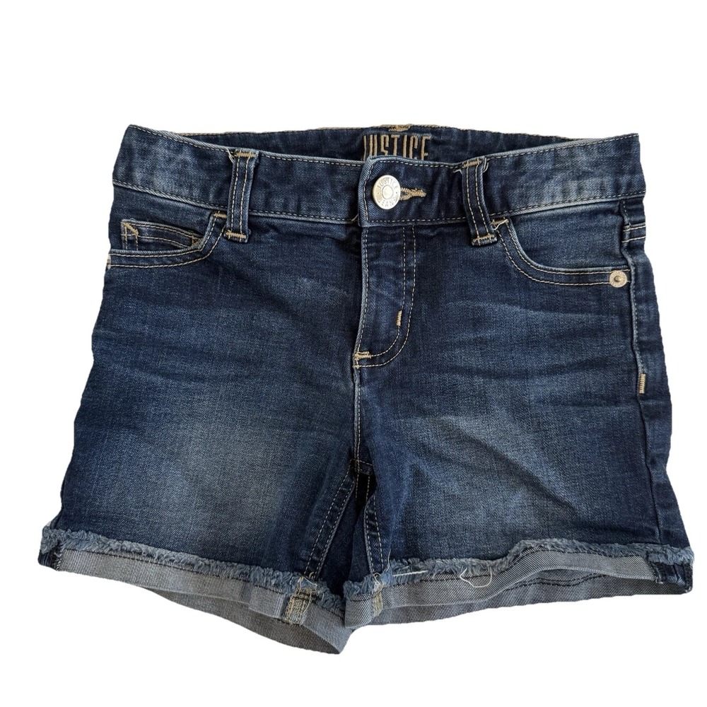 Justice‎ Denim Shorts Girls 12 Slim Dark Wash Raw Hem Cuffed Stretch Jean